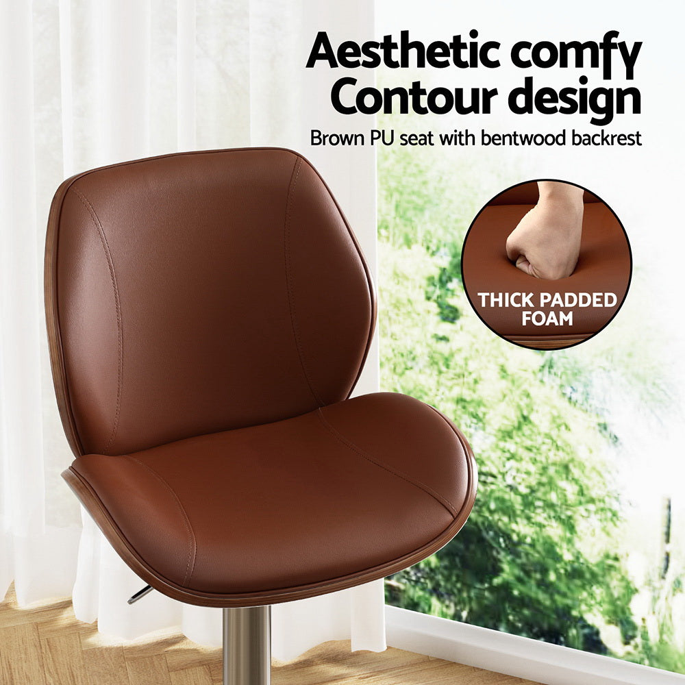 Set of 4 Sisian Bar Stools Bentwood Adjustable Kitchen Counter Chair Leather - Brown