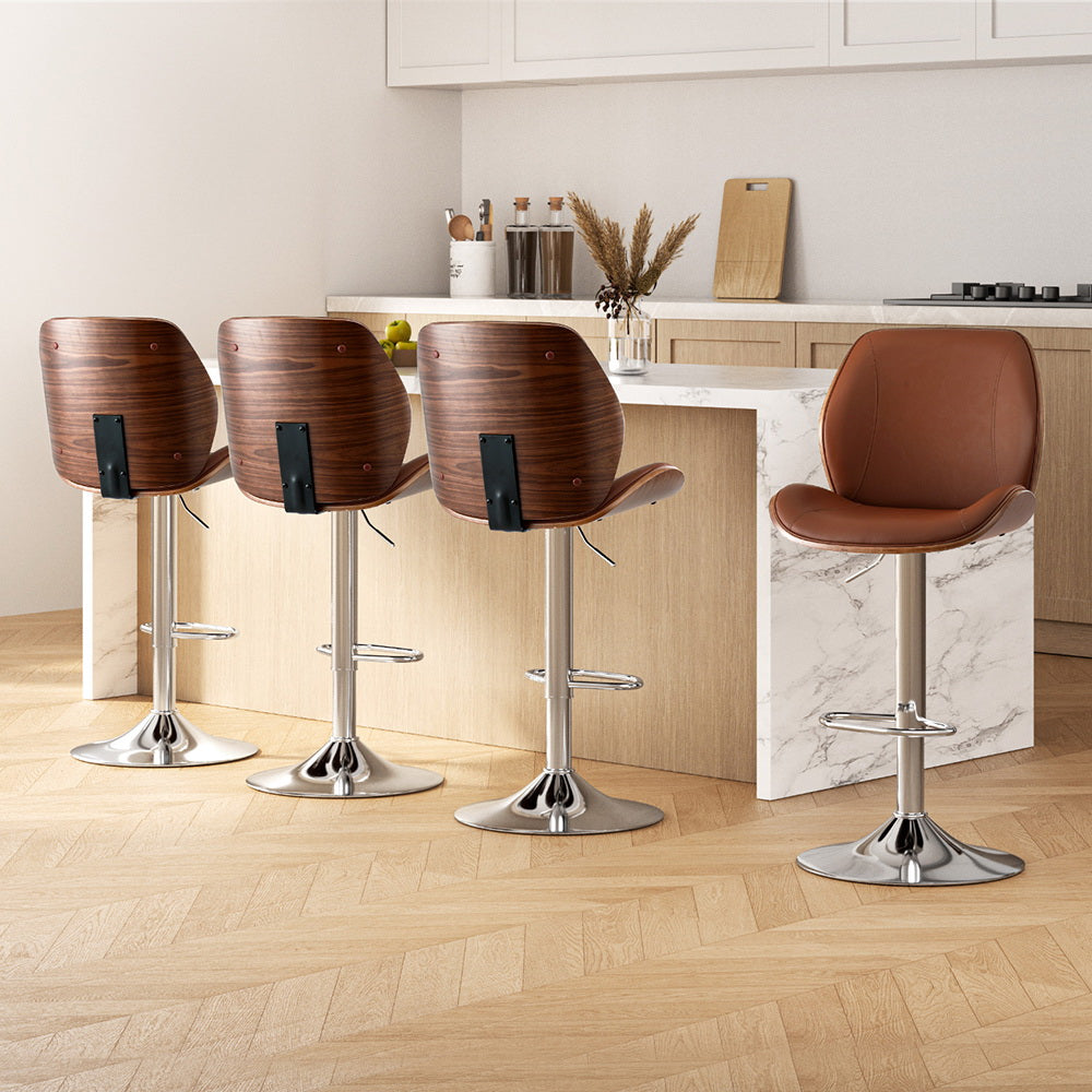 Set of 4 Sisian Bar Stools Bentwood Adjustable Kitchen Counter Chair Leather - Brown