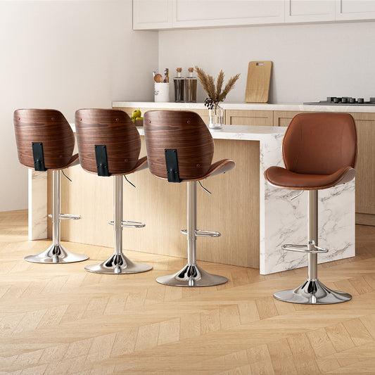 Set of 4 Sisian Bar Stools Bentwood Adjustable Kitchen Counter Chair Leather - Brown