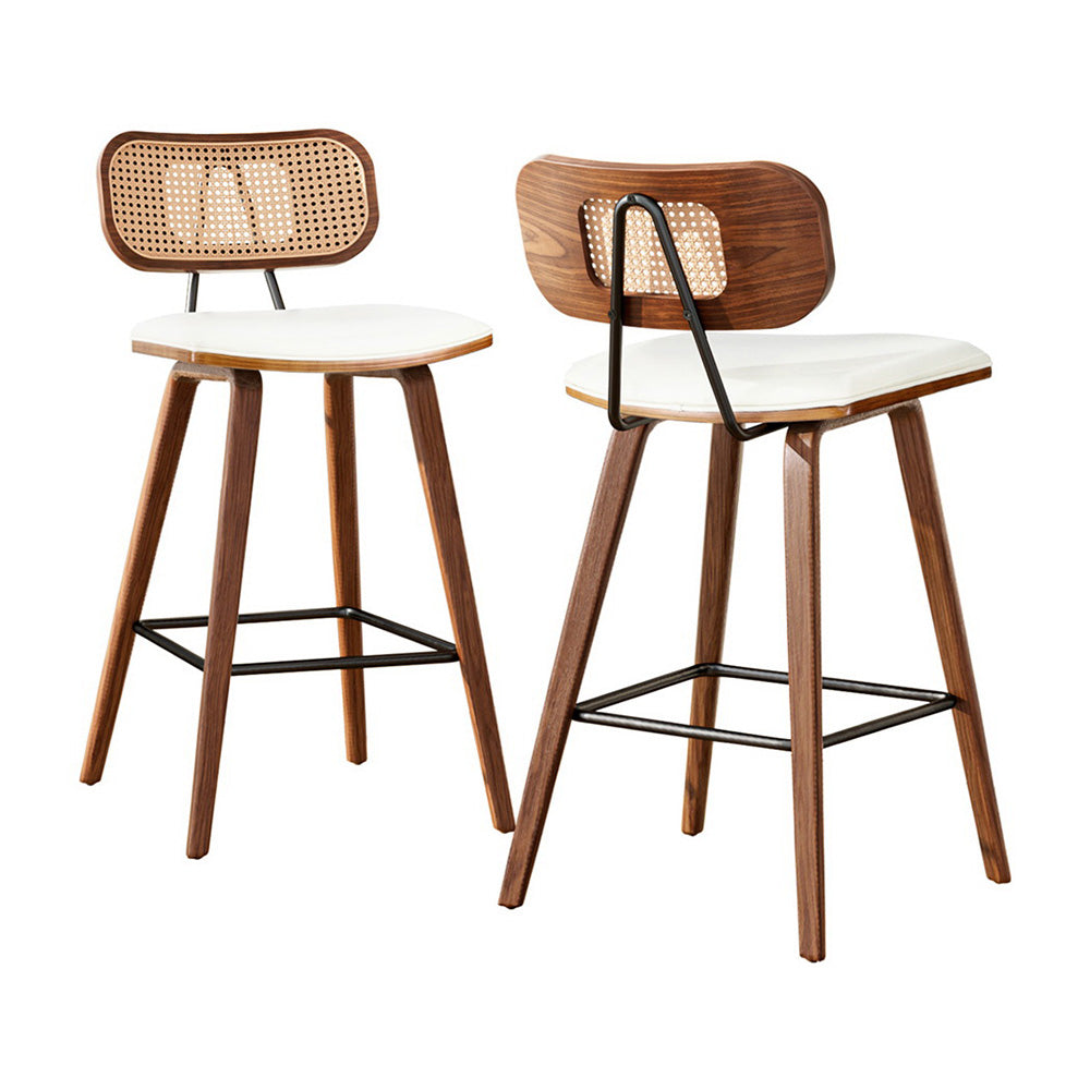 Set of 2 Banfora Bar Stools Kitchen Counter Rattan Chairs PU Leather Padding - Wood & Beige