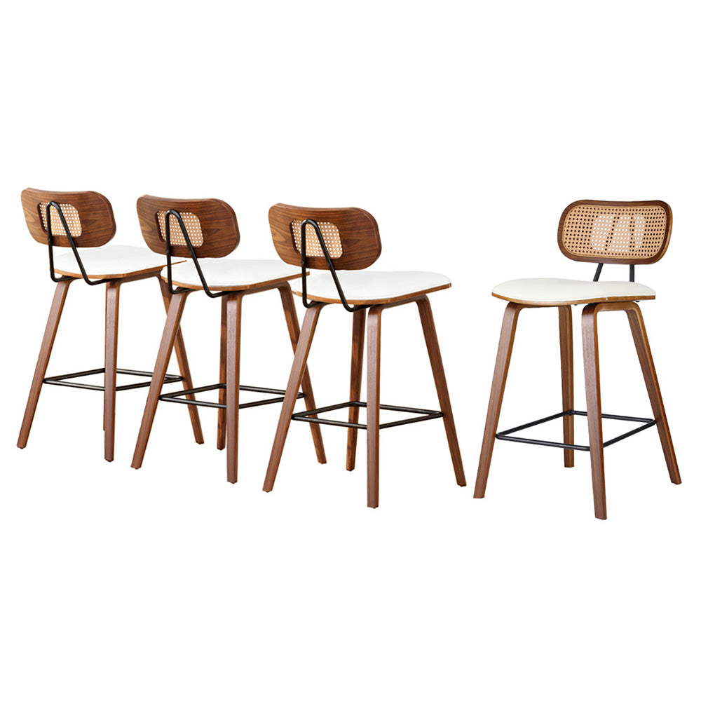 Set of 4 Banfora Bar Stools Kitchen Counter Rattan Chairs PU Leather Padding - Wood & Beige