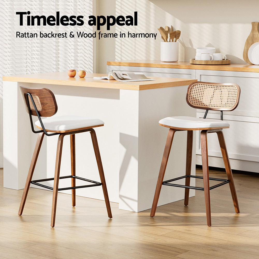 Set of 4 Banfora Bar Stools Kitchen Counter Rattan Chairs PU Leather Padding - Wood & Beige