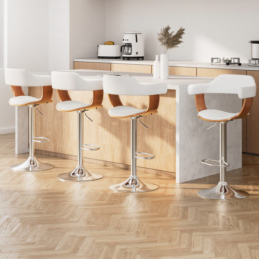Set of 4 Chalcis Bar Stools Gas Lift Leather with Armrest - White
