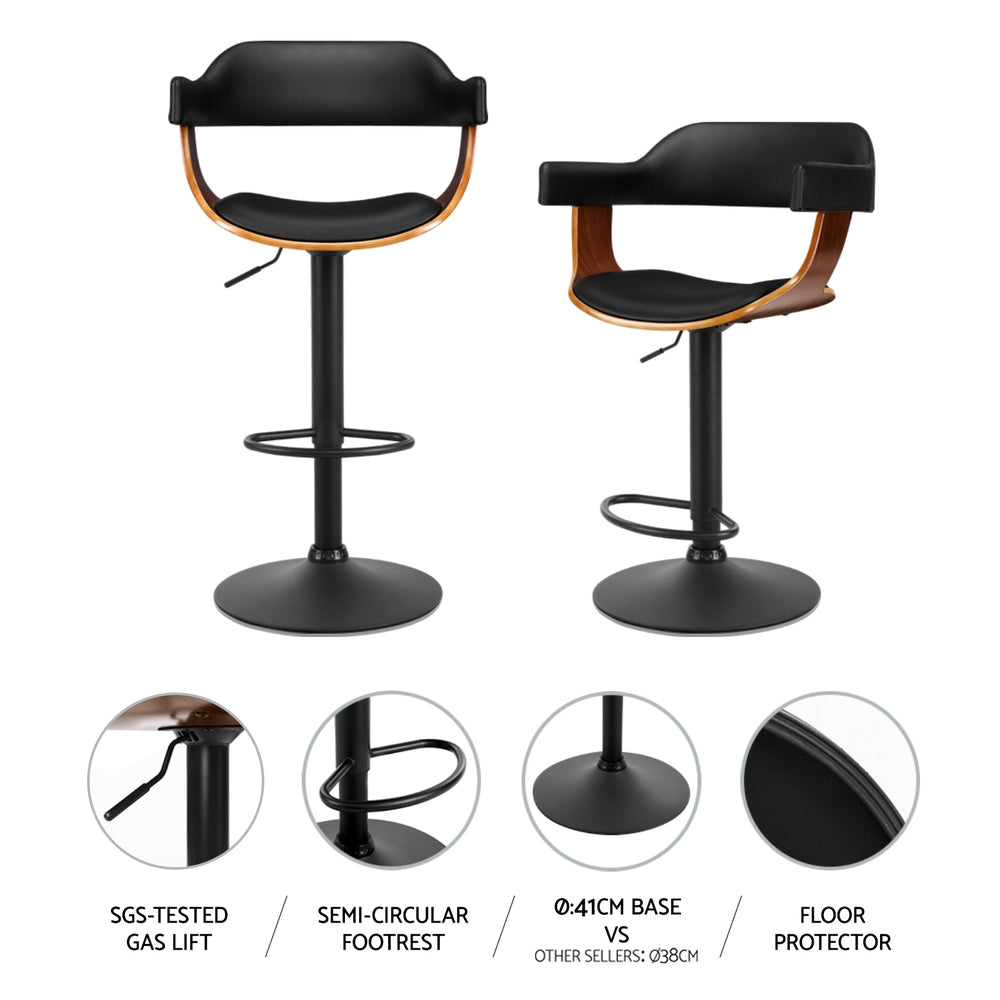 Set of 4 Eindhoven Bar Stools Gas Lift Leather w/Armrest All - Black