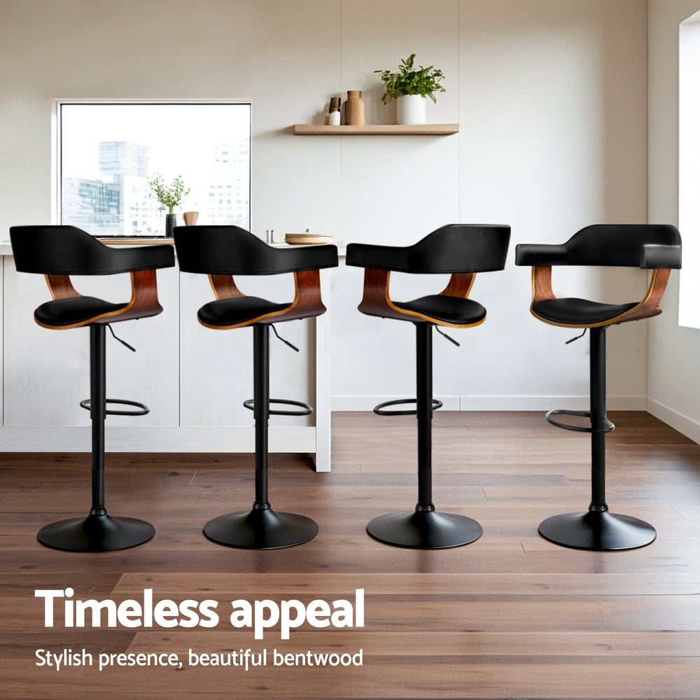 Set of 4 Eindhoven Bar Stools Gas Lift Leather w/Armrest All - Black