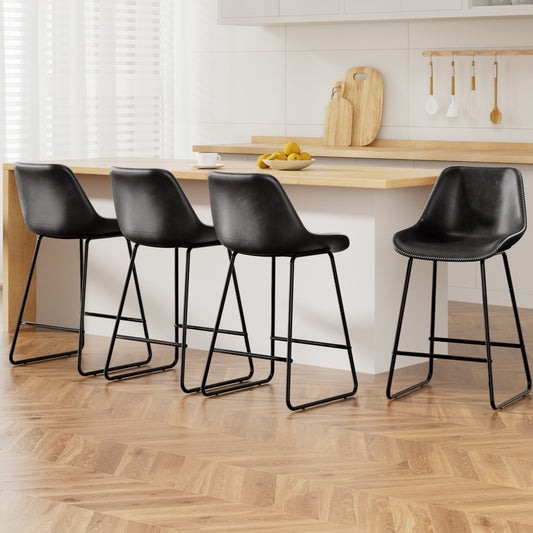Set of 4 Toulon Bar Stools Leather Padded Metal Legs - Black