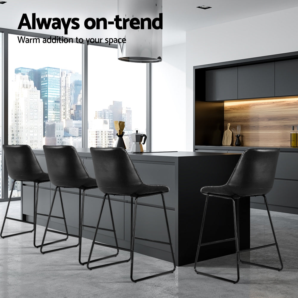 Set of 4 Toulon Bar Stools Leather Padded Metal Legs - Black