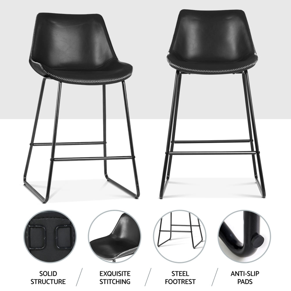 Set of 4 Toulon Bar Stools Leather Padded Metal Legs - Black
