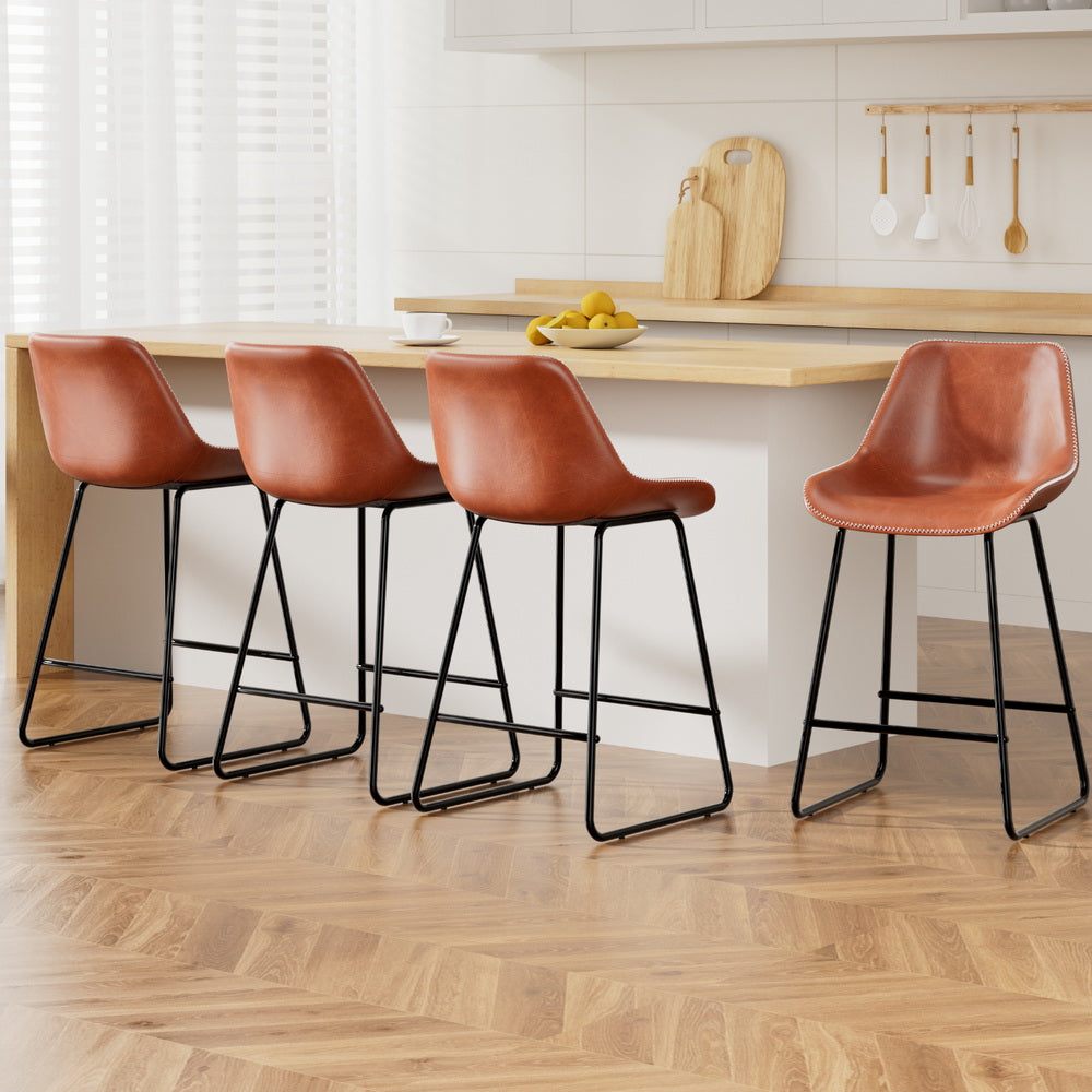 Set of 4 Toulon Bar Stools Leather Padded Metal Legs - Brown