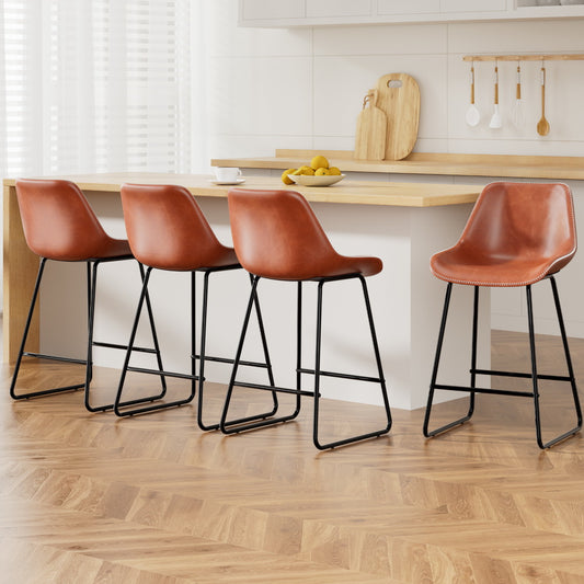 Set of 4 Toulon Bar Stools Leather Padded Metal Legs - Brown