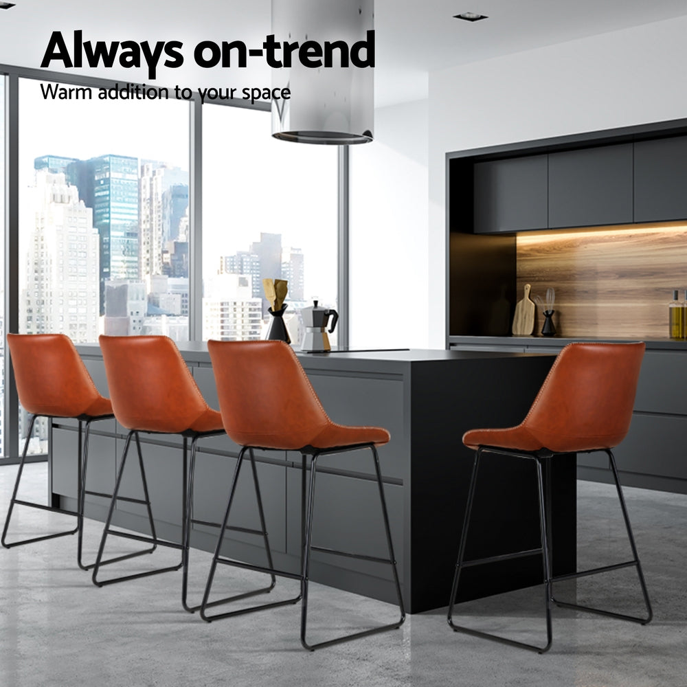 Set of 4 Toulon Bar Stools Leather Padded Metal Legs - Brown