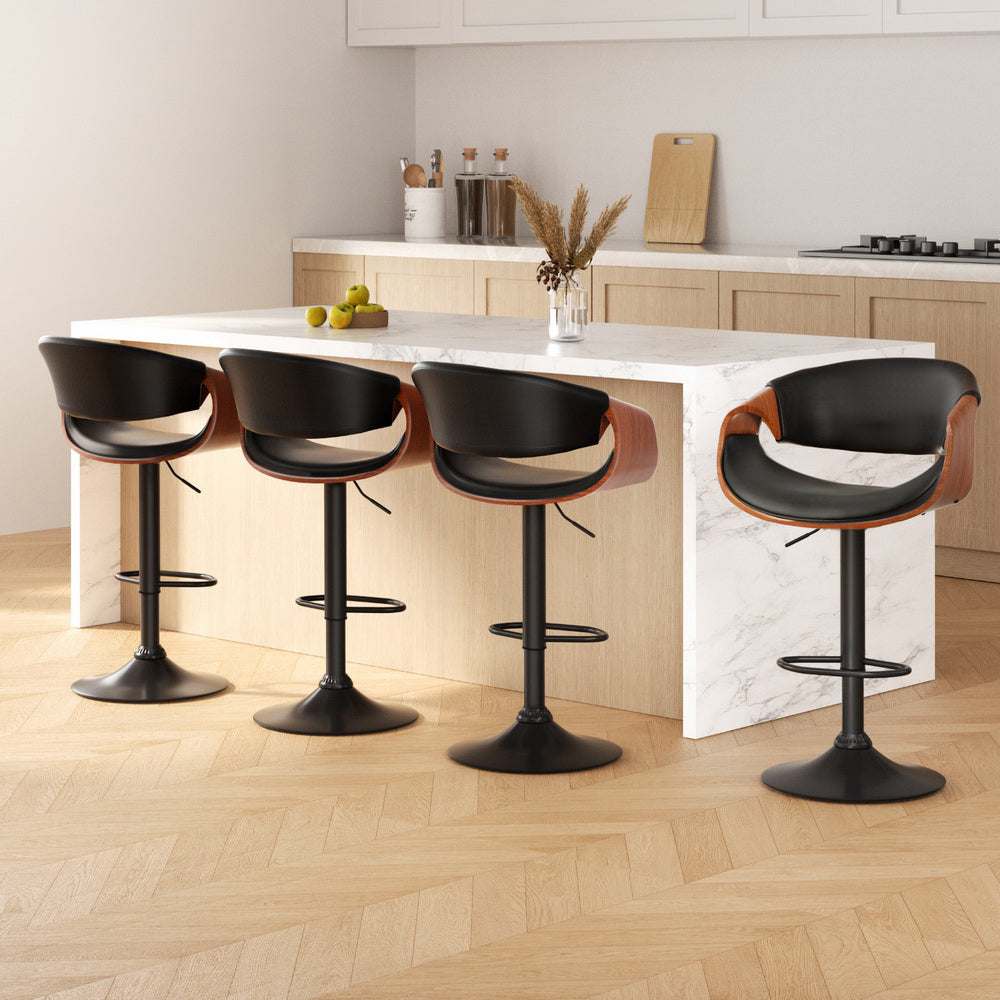Set of 4 Montpellier Bar Stools Gas Lift Leather with Armrest - Black