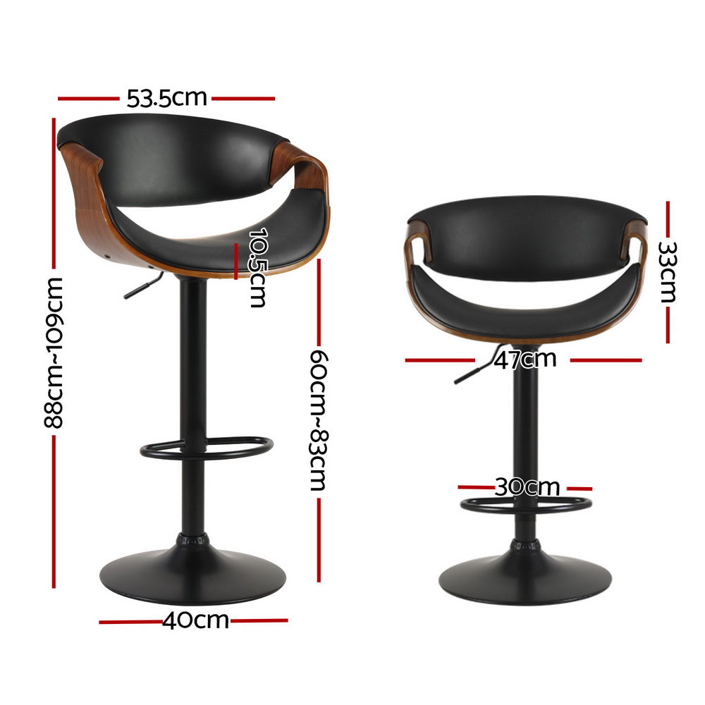 Set of 4 Montpellier Bar Stools Gas Lift Leather with Armrest - Black