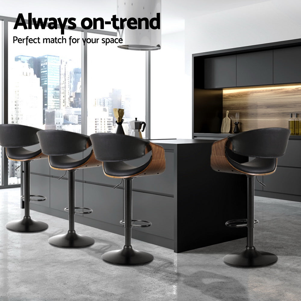 Set of 4 Montpellier Bar Stools Gas Lift Leather with Armrest - Black