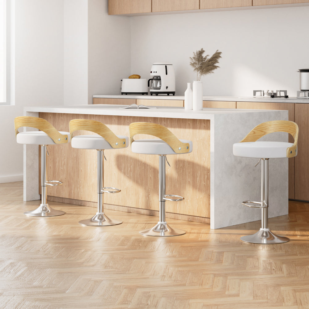 Set of 4 Plymouth Bar Stools Kitchen Gas Lift Wooden Stool Metal Barstools Swivel - White
