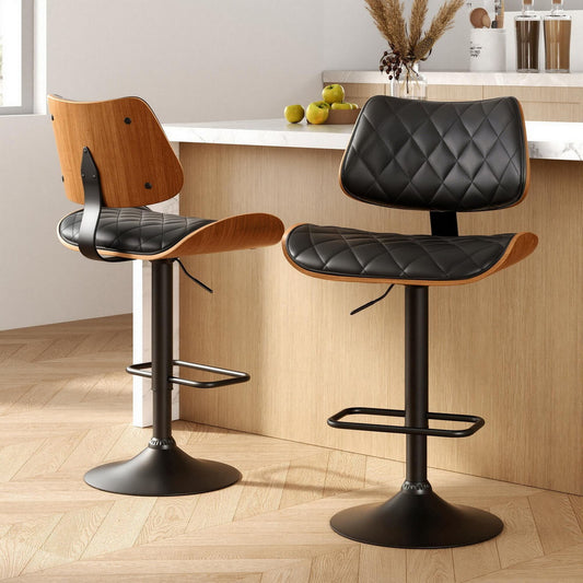 Set of 2 Moscow Bar Stools Kitchen Dining Chairs Gas Lift Stool Wooden Leather - Black