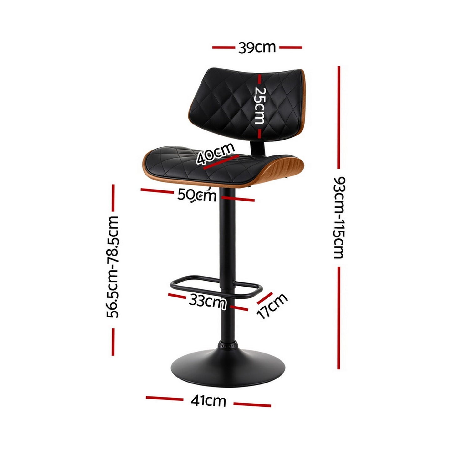 Set of 4 Moscow Bar Stools Kitchen Dining Chairs Gas Lift Stool Wooden Leather - Black