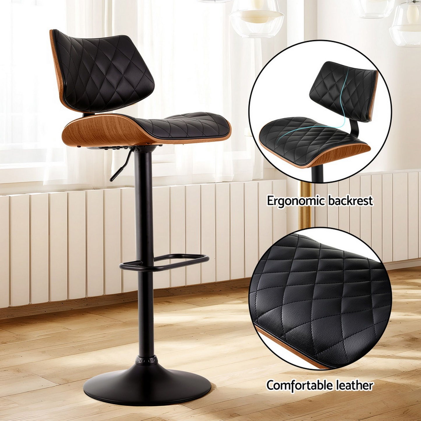 Set of 4 Moscow Bar Stools Kitchen Dining Chairs Gas Lift Stool Wooden Leather - Black