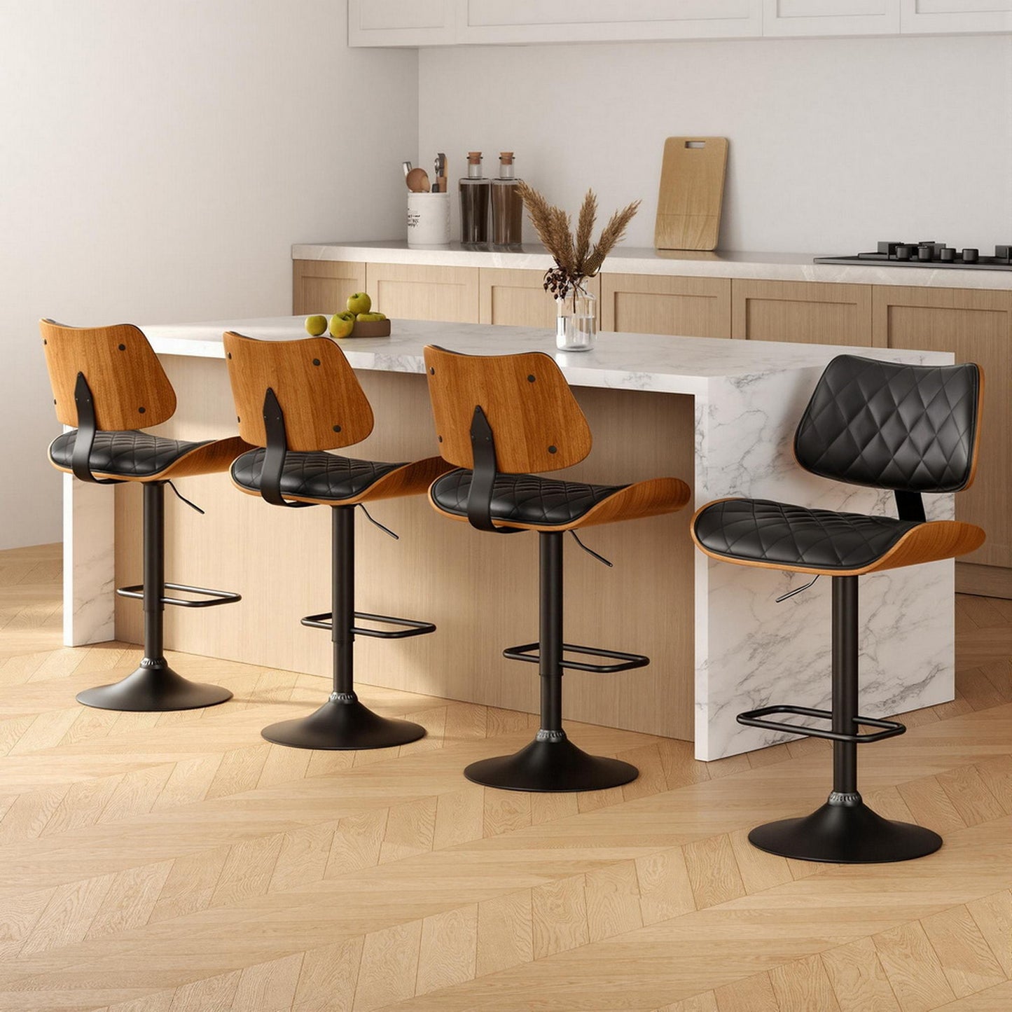 Set of 4 Moscow Bar Stools Kitchen Dining Chairs Gas Lift Stool Wooden Leather - Black