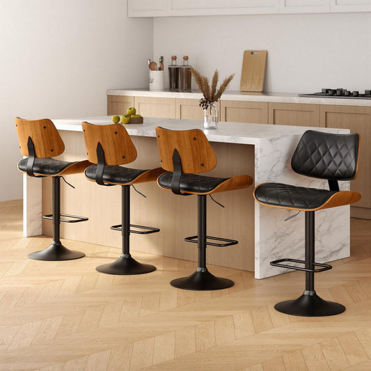 Set of 4 Moscow Bar Stools Kitchen Dining Chairs Gas Lift Stool Wooden Leather - Black