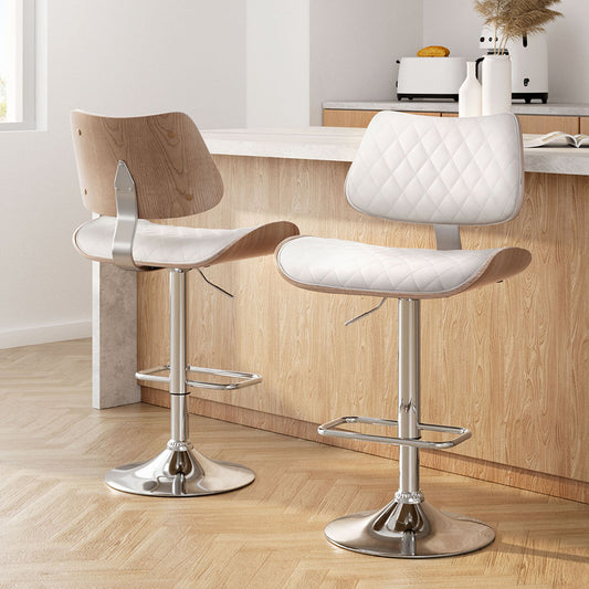 Set of 2 Moscow Bar Stools Kitchen Dining Chairs Gas Lift Stool Wooden Leather - White