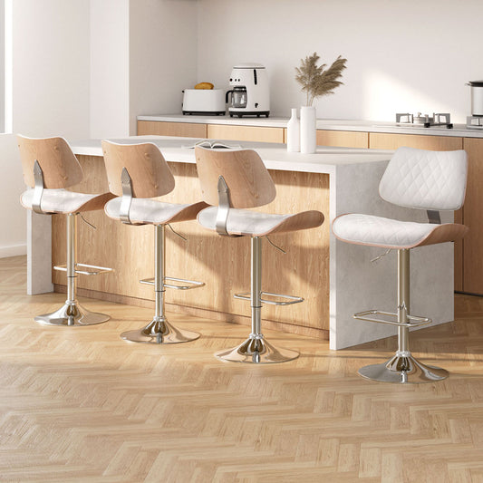 Set of 4 Moscow Bar Stools Kitchen Dining Chairs Gas Lift Stool Wooden Leather - White