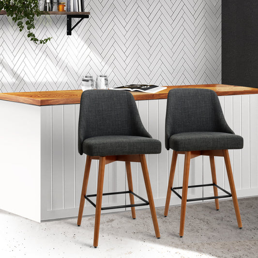 Set of 2 Vicenza Wooden Fabric Bar Stools Square Footrest - Charcoal