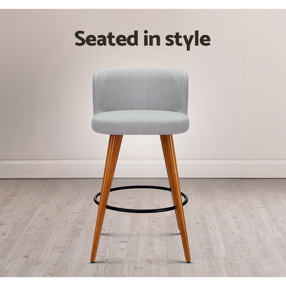 Set of 2 Arta Wooden Fabric Bar Stools Circular Footrest - Light Grey