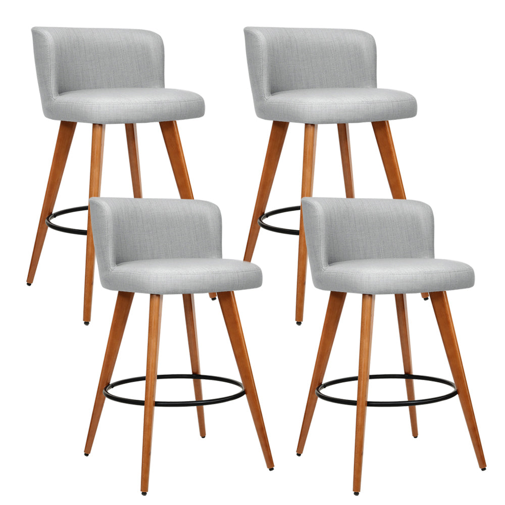 Set of 4 Arta Wooden Fabric Bar Stools Circular Footrest - Light Grey