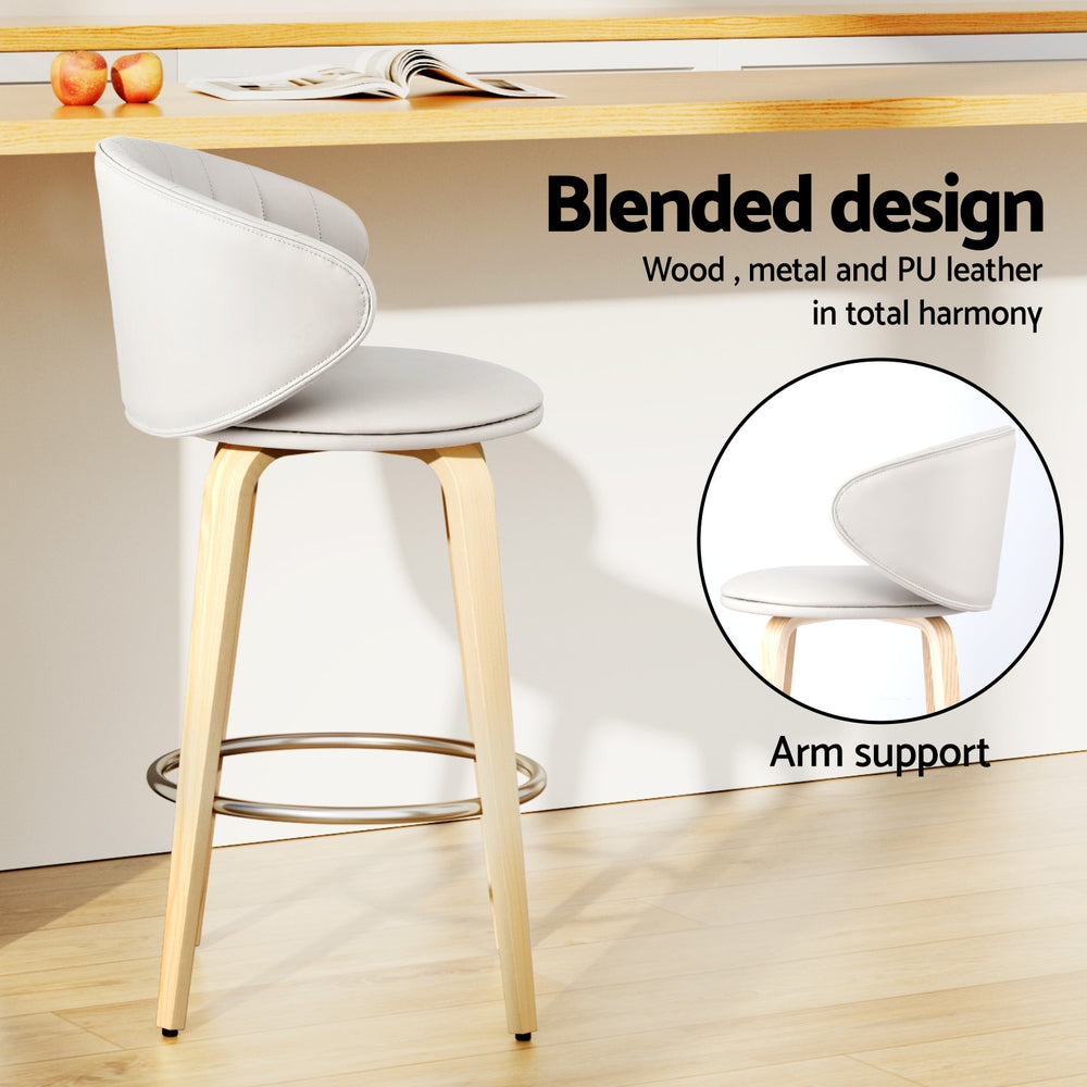 Set of 2 Camenca Bar Stools Dining Chairs Contoured Leather Wood Stool - Beige