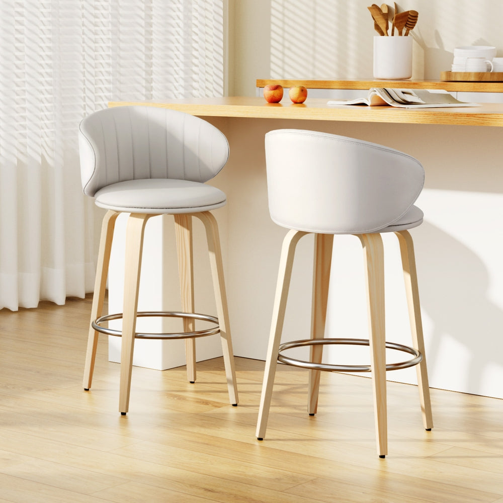 Set of 2 Camenca Bar Stools Dining Chairs Contoured Leather Wood Stool - Beige