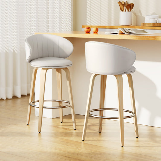 Set of 2 Camenca Bar Stools Dining Chairs Contoured Leather Wood Stool - Beige