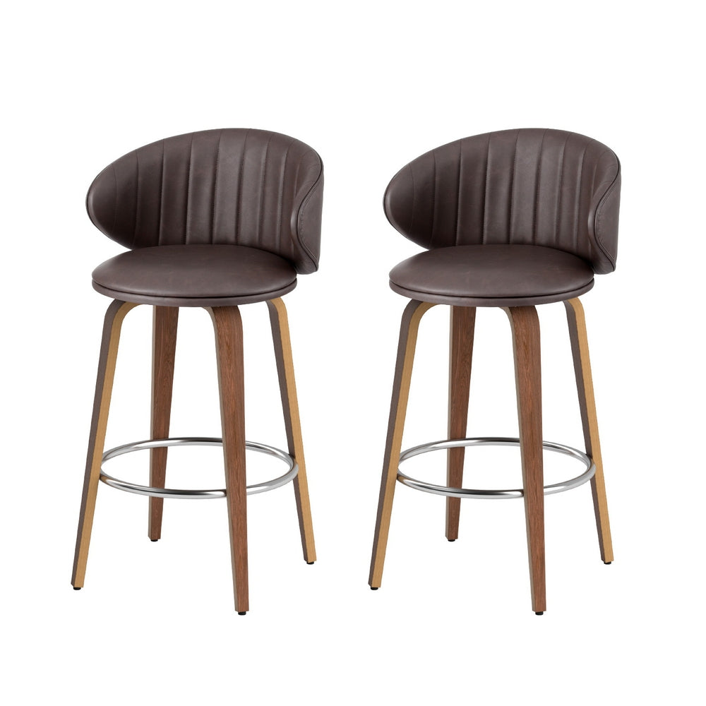Set of 2 Camenca Bar Stools Dining Chairs Contoured Leather Wood Stool - Beige