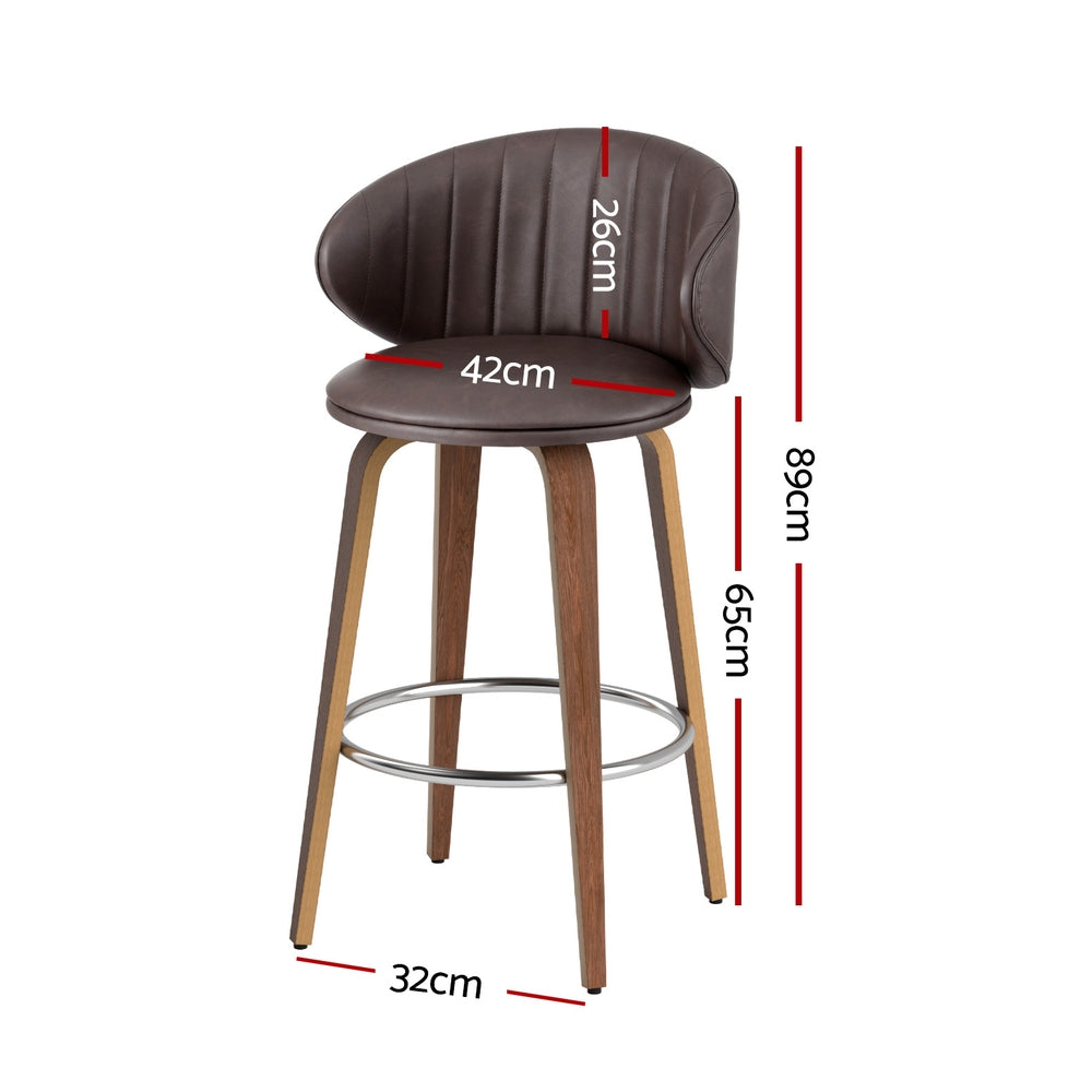 Set of 2 Camenca Bar Stools Dining Chairs Contoured Leather Wood Stool - Beige