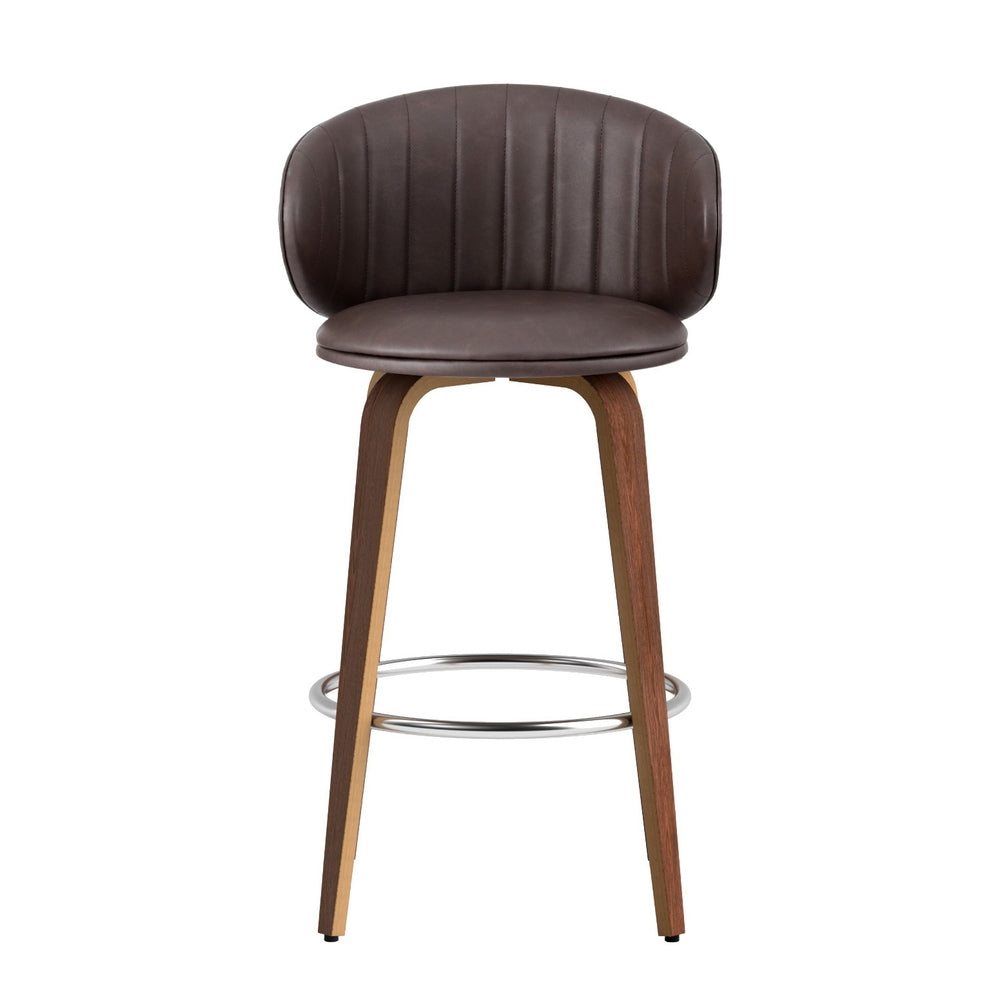 Set of 2 Camenca Bar Stools Dining Chairs Contoured Leather Wood Stool - Beige