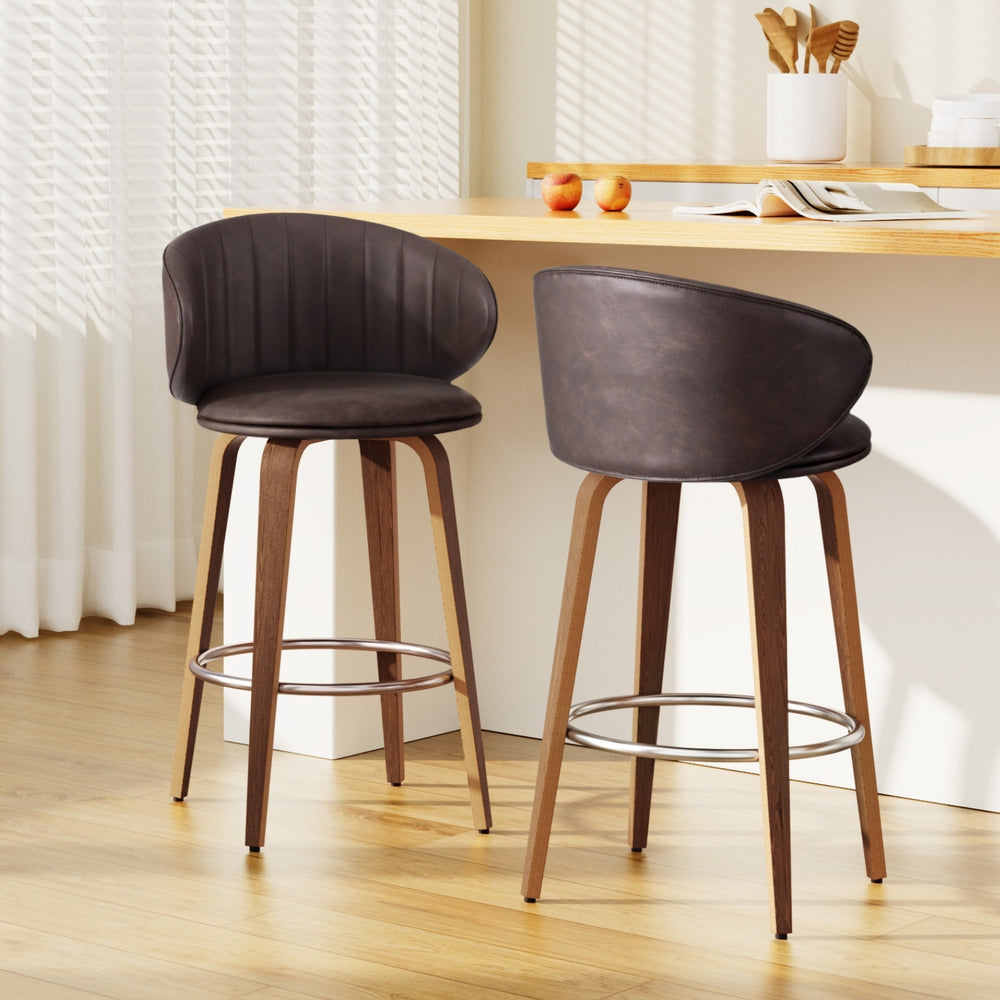 Set of 2 Camenca Bar Stools Dining Chairs Contoured Leather Wood Stool - Beige