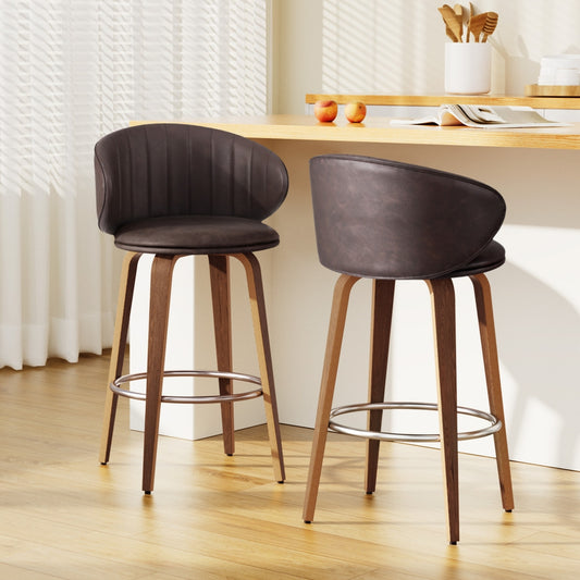 Set of 2 Camenca Bar Stools Dining Chairs Contoured Leather Wood Stool - Beige