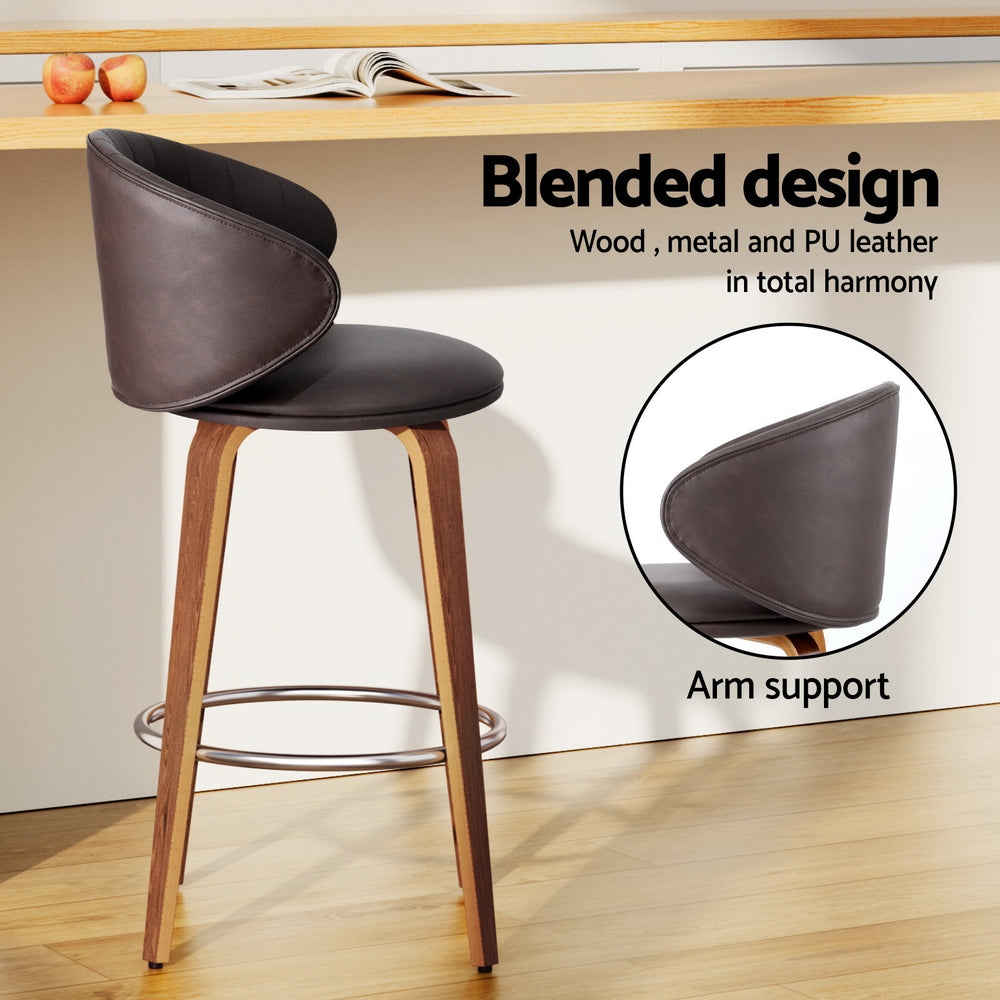 Set of 4 Camenca Bar Stools Dining Chairs Contoured Leather Wood Stool - Beige