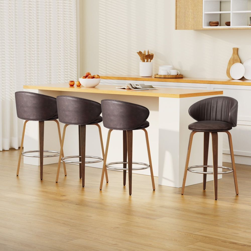Set of 4 Camenca Bar Stools Dining Chairs Contoured Leather Wood Stool - Beige