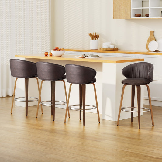 Set of 4 Camenca Bar Stools Dining Chairs Contoured Leather Wood Stool - Beige