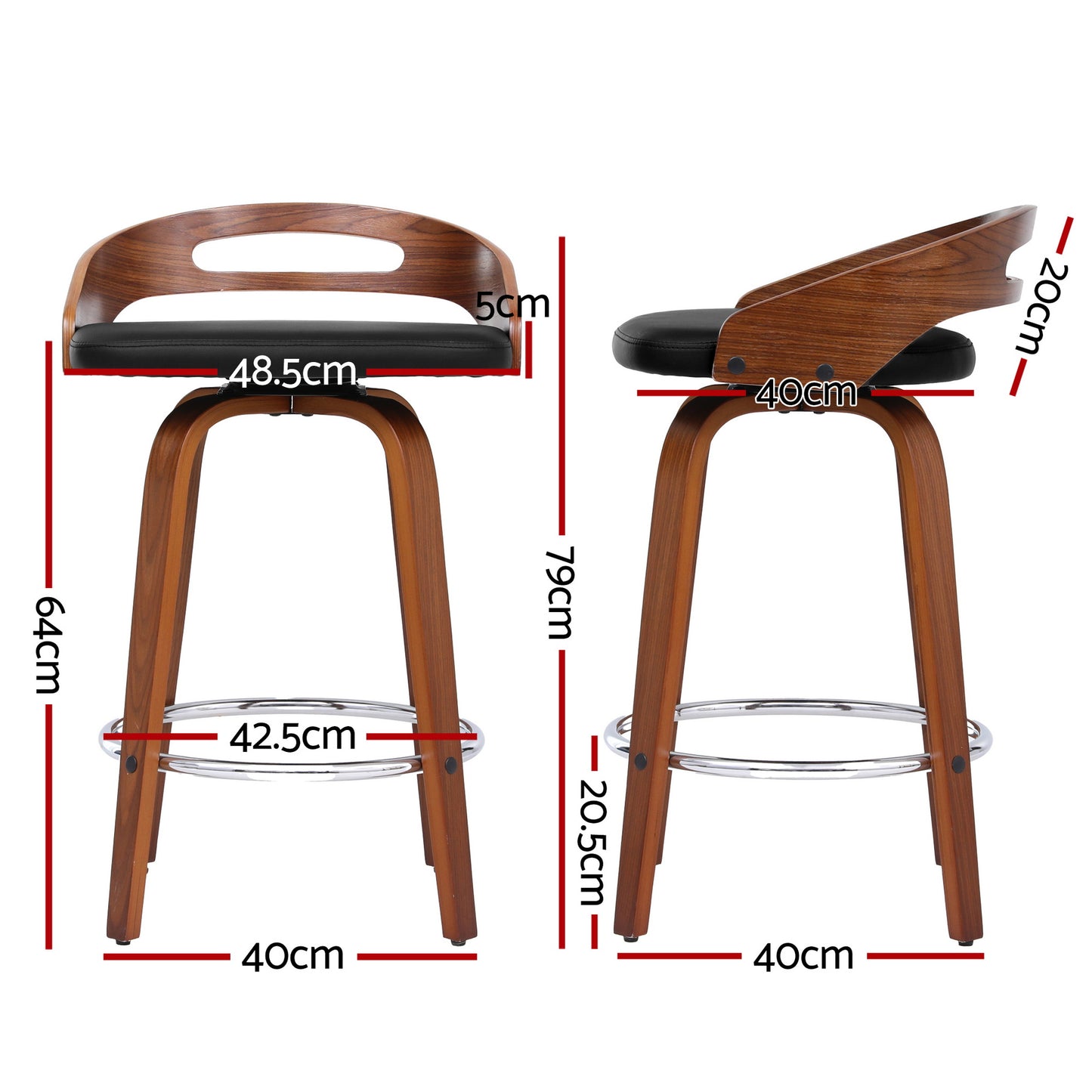 Set of 2 Athens Bar Stools Swivel Dining Chairs Low Back Counter Seat PU Cushion - Black