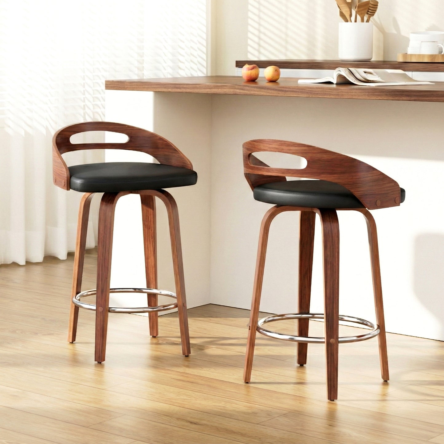 Set of 2 Athens Bar Stools Swivel Dining Chairs Low Back Counter Seat PU Cushion - Black