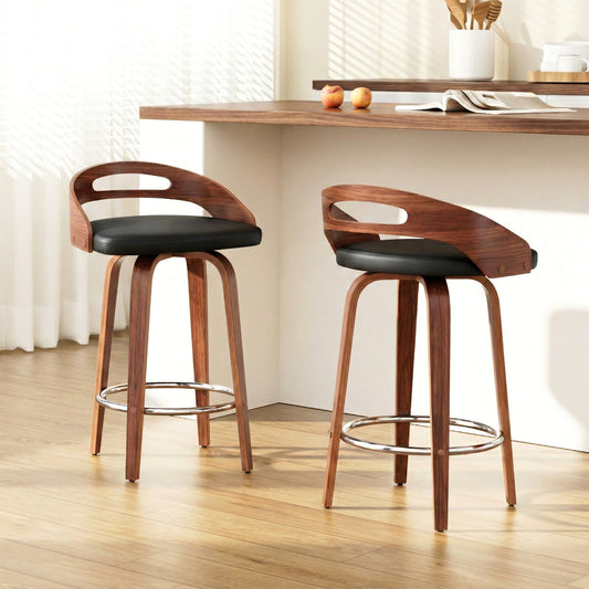 Set of 2 Athens Bar Stools Swivel Dining Chairs Low Back Counter Seat PU Cushion - Black