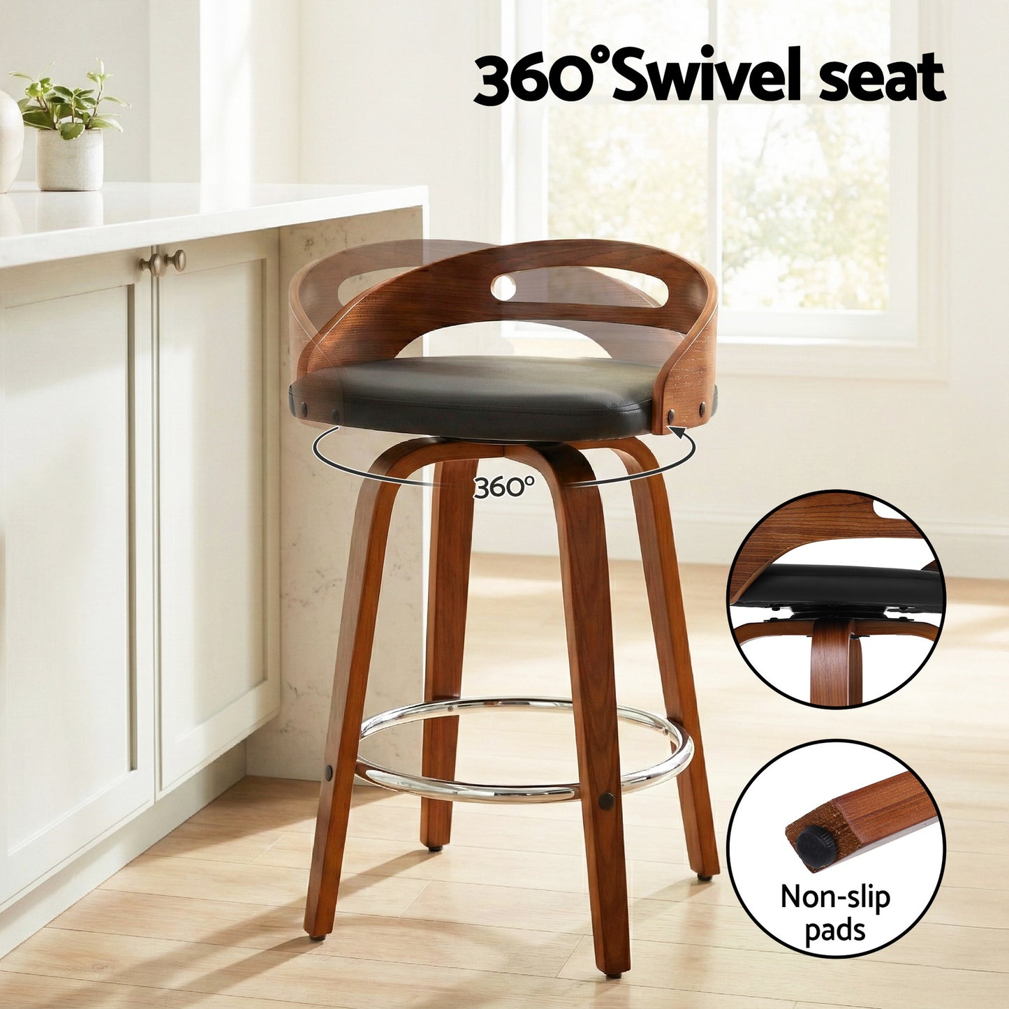 Set of 4 Athens Bar Stools Swivel Dining Chairs Low Back Counter Seat PU Cushion - Black