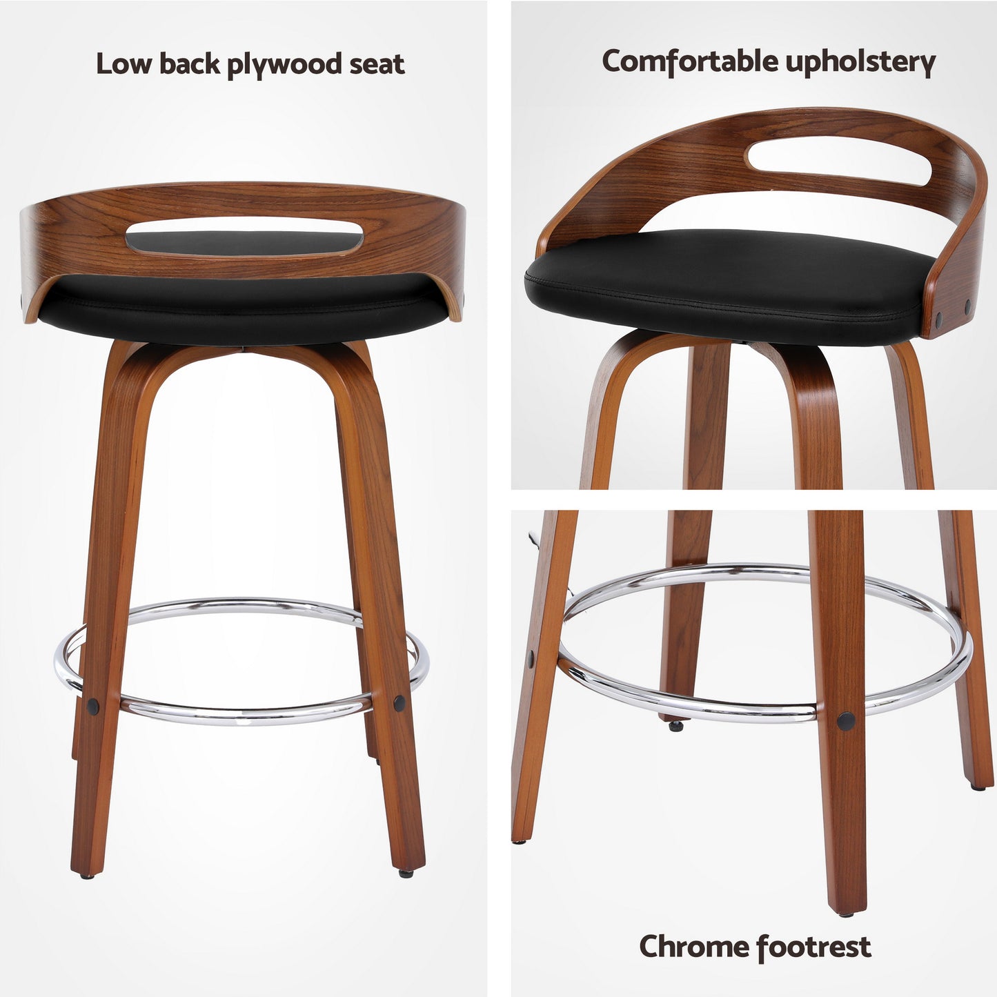 Set of 4 Athens Bar Stools Swivel Dining Chairs Low Back Counter Seat PU Cushion - Black