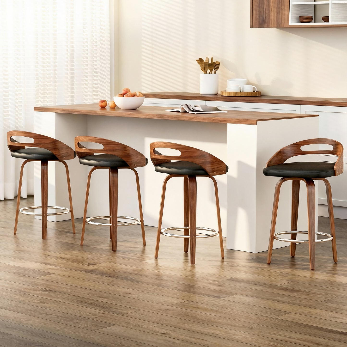 Set of 4 Athens Bar Stools Swivel Dining Chairs Low Back Counter Seat PU Cushion - Black