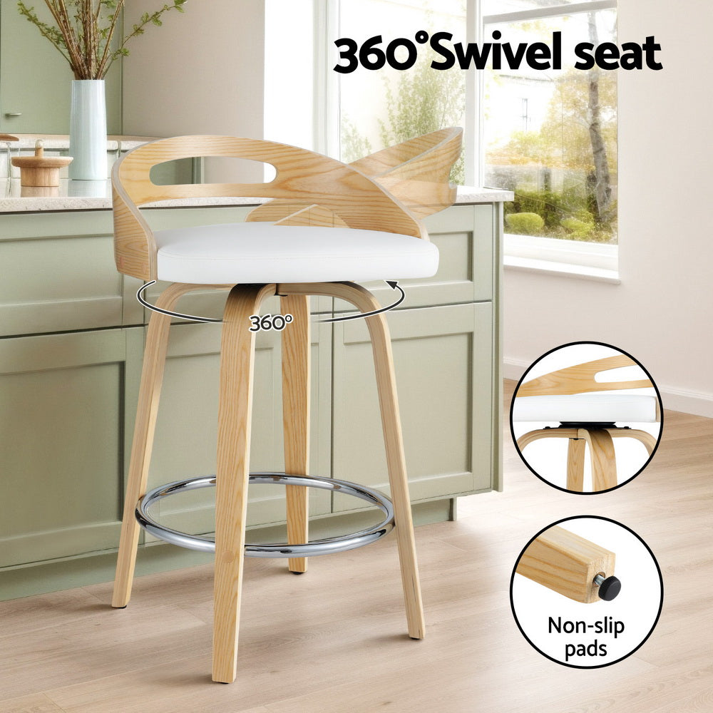 Set of 4 Athens Bar Stools Swivel Dining Chairs Low Back Counter Seat PU Cushion - Wood & White