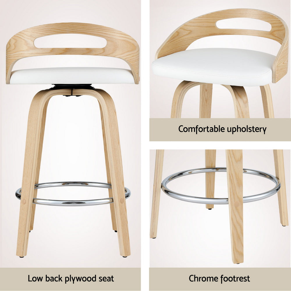 Set of 4 Athens Bar Stools Swivel Dining Chairs Low Back Counter Seat PU Cushion - Wood & White