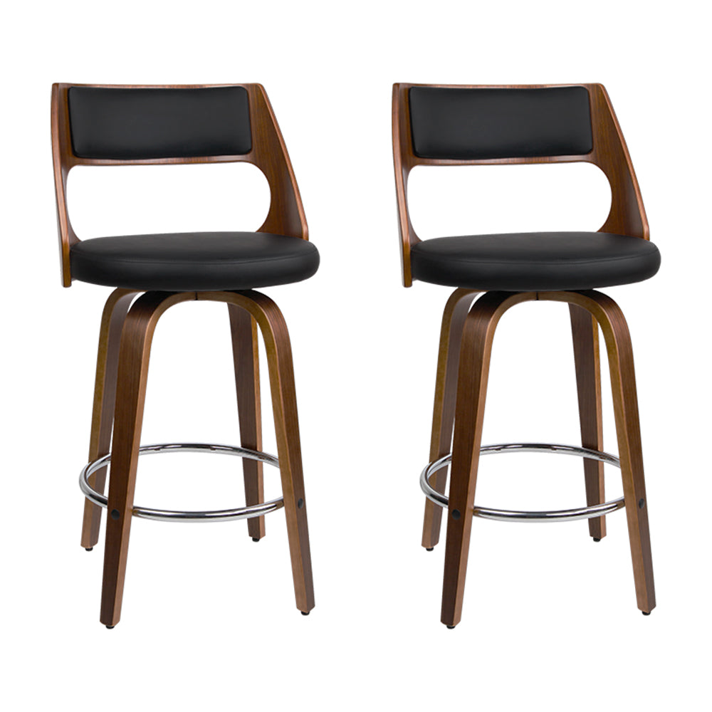 Set of 2 Kastoria Wooden Bar Stools PU Leather - Black & Wood