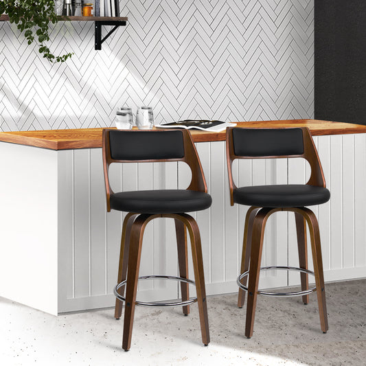 Set of 2 Kastoria Wooden Bar Stools PU Leather - Black & Wood